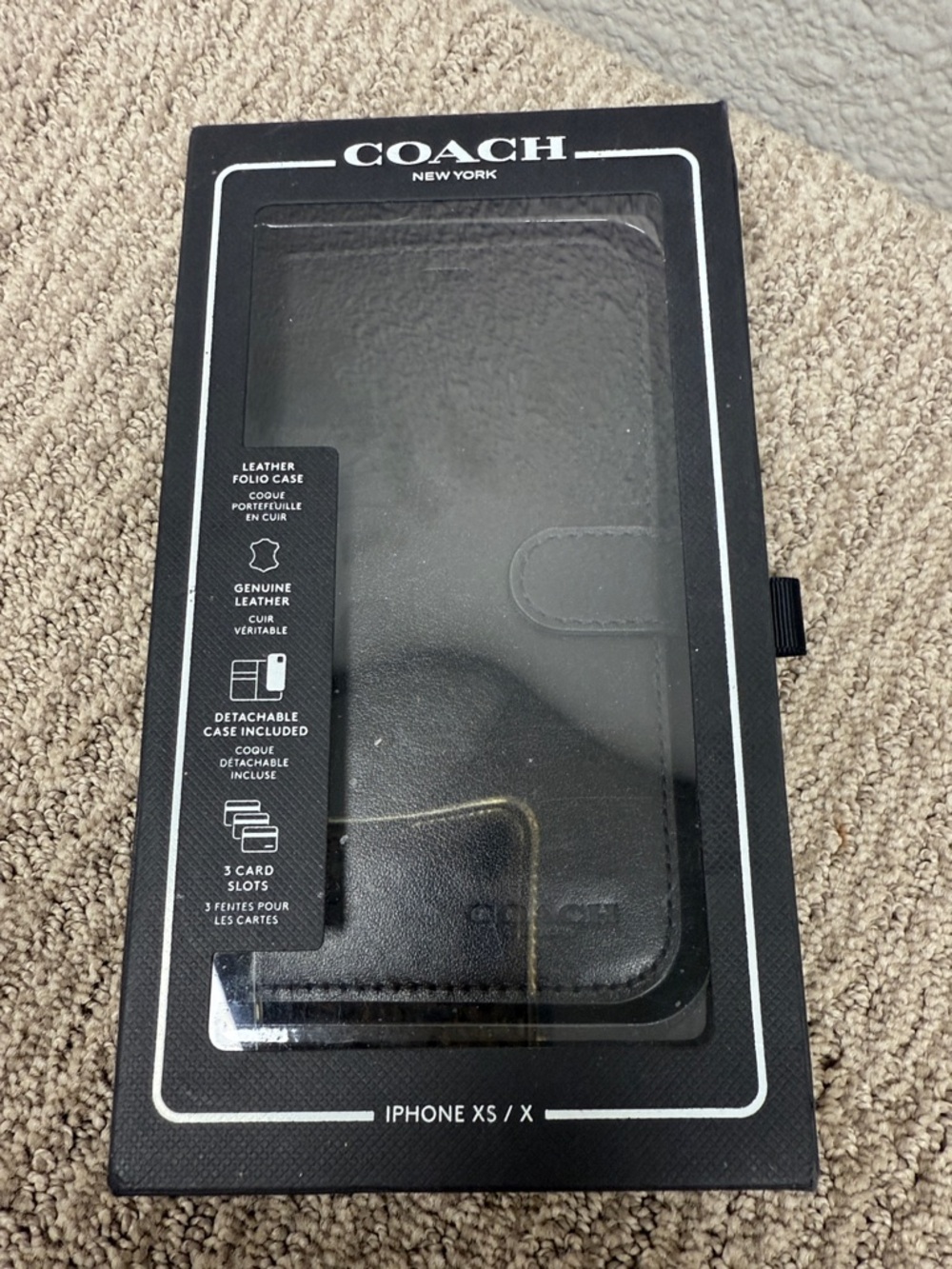Coach Black Leather Folio Phone Case with Stitch Detail
